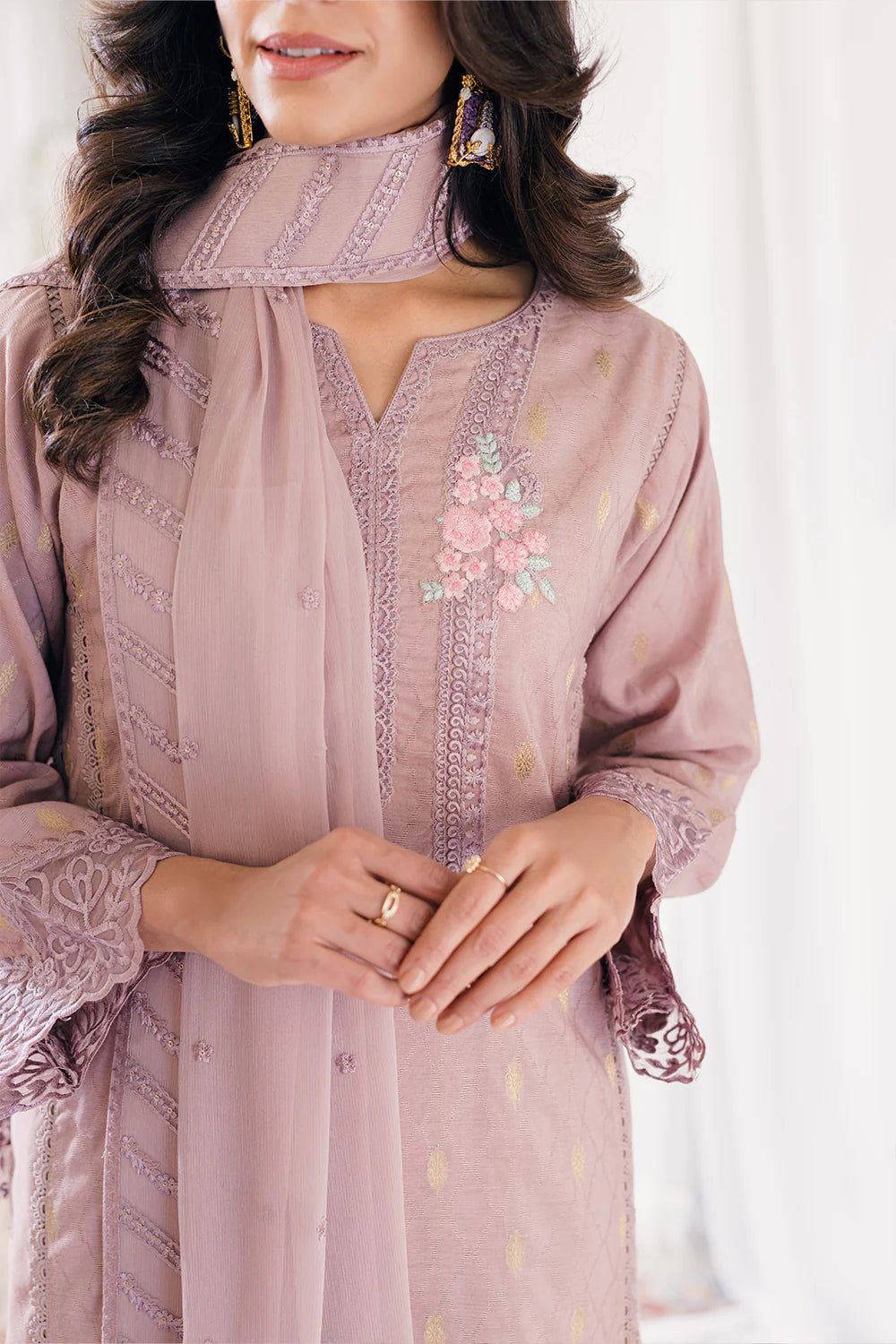 Ensembles by Azure Unstitched 3 Piece Jacquard Lawn Suit AZ24EJ VMES060 Vintage Mauve - Festive Collection Brand Mafia by Zonash