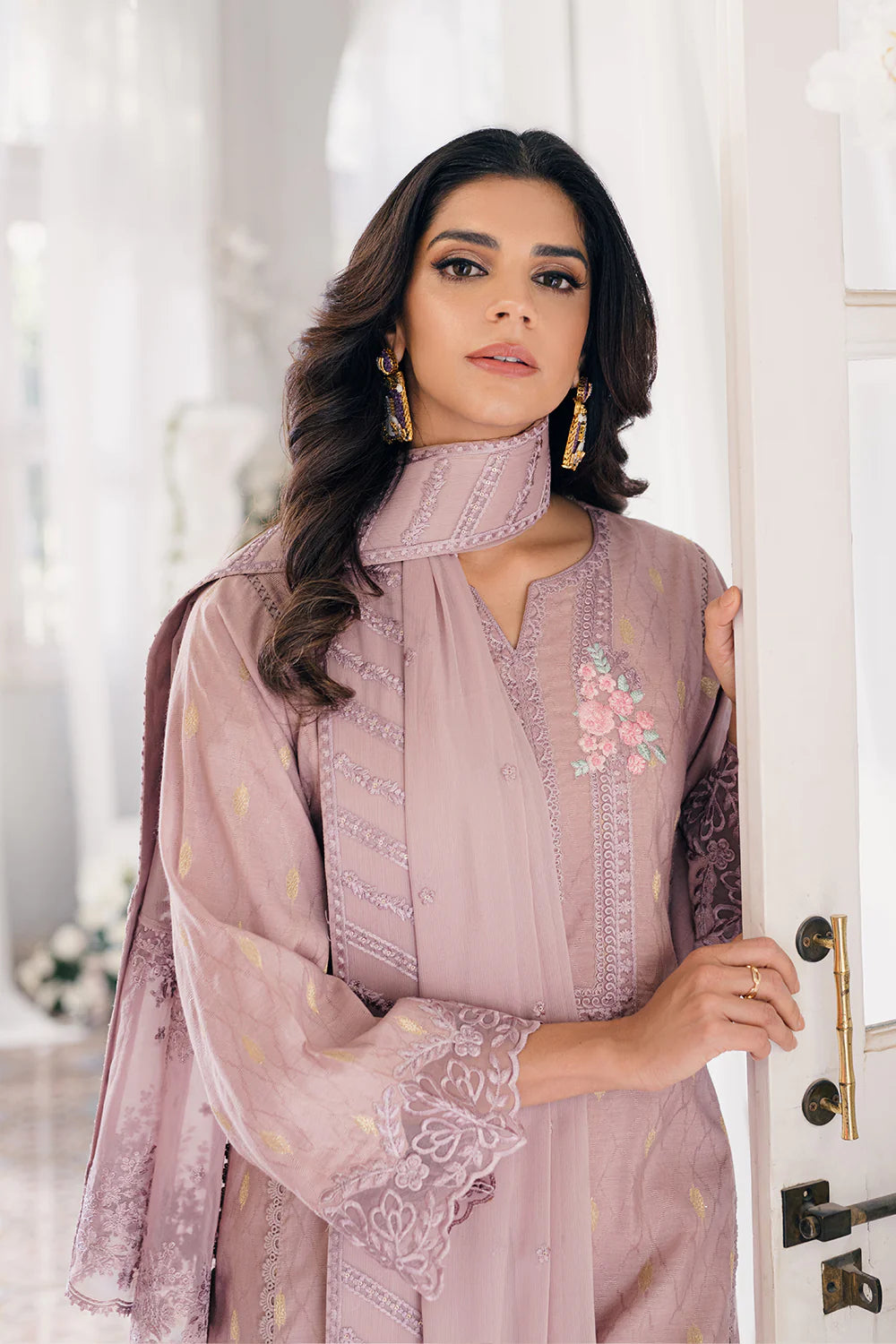Ensembles by Azure Unstitched 3 Piece Jacquard Lawn Suit AZ24EJ VMES060 Vintage Mauve - Festive Collection Brand Mafia by Zonash
