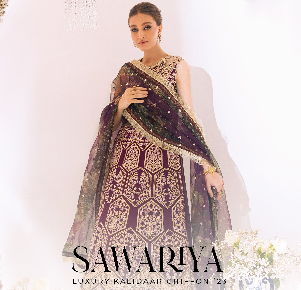 ROHEENAZ Luxury Kalidaar Unstitched 4Pc Chiffon Suit - RUNCH230107 - Luxury Chiffon Collection 2023 Brand Mafia by Zonash
