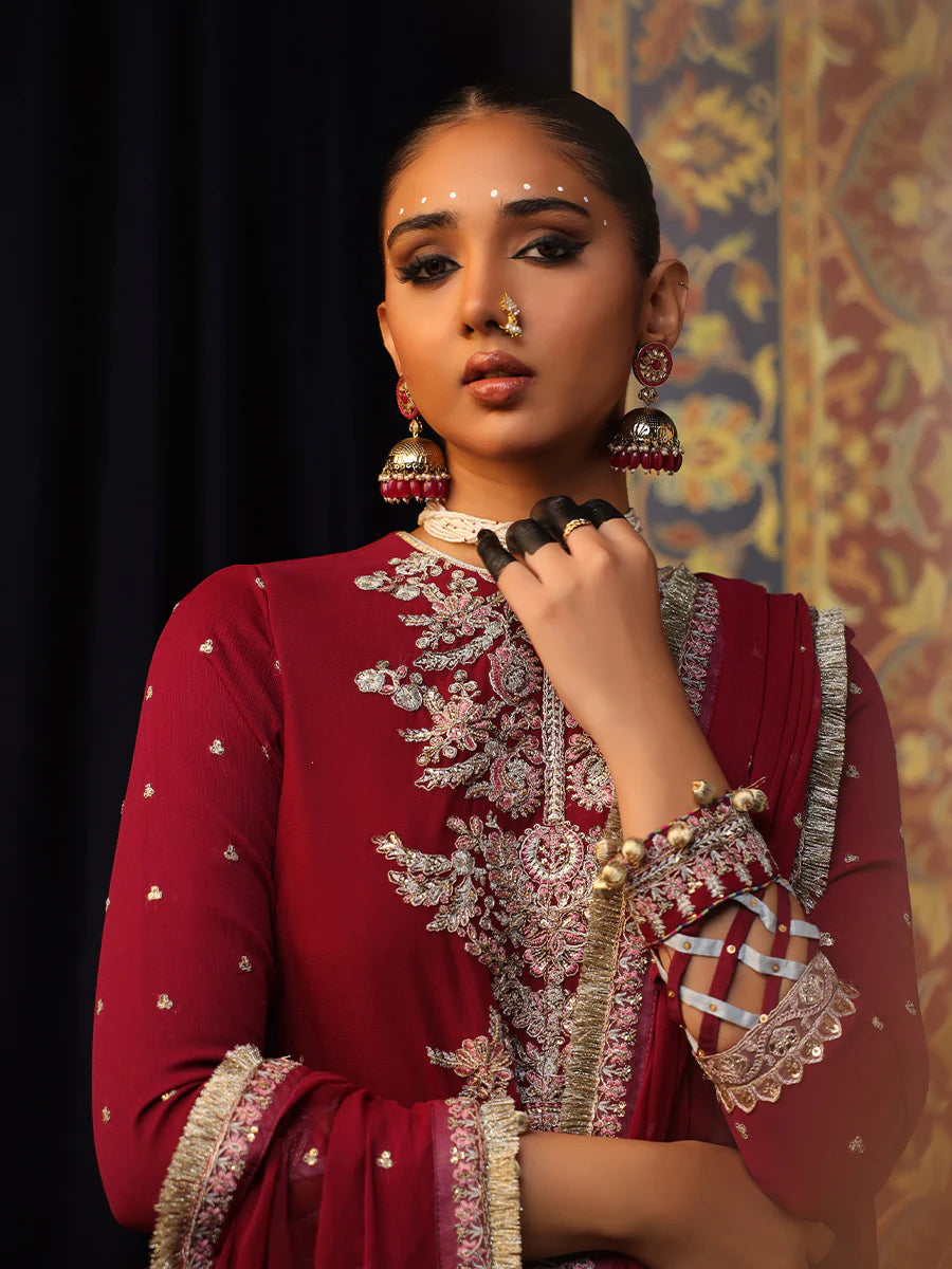 Salitex by Nora Unstitched 3 Piece Embroidered Chiffon Suit - Magenta - Luxury Collection