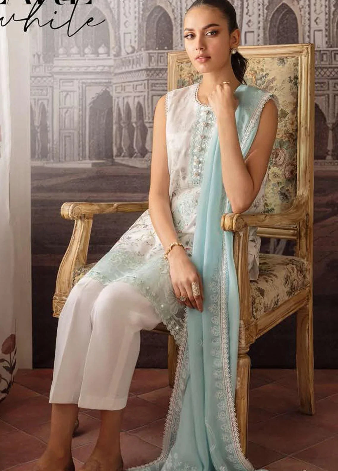 Cross Stitch Embroidered Lawn Suits Unstitched 3 Piece CS23EL 22 Pearl White - Eid Collection Brand Mafia by Zonash