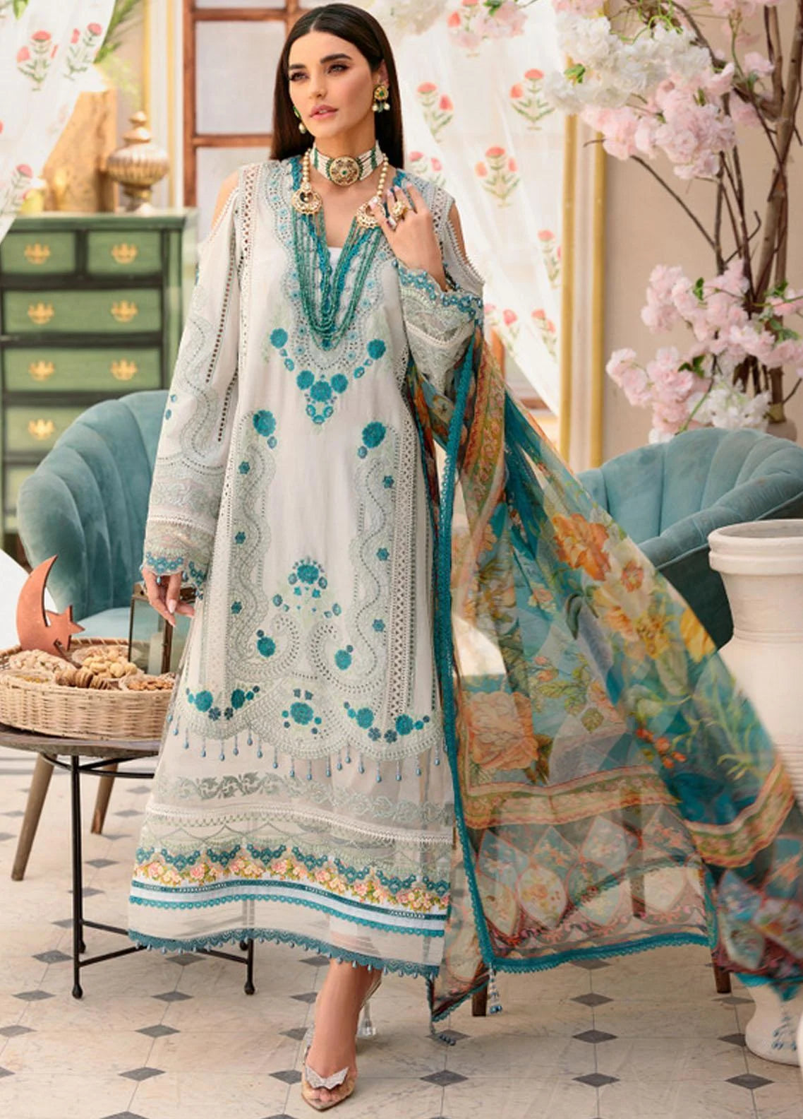 Noor by Sadia Asad Embroidered Lawn Suits Unstitched 3 Piece Chikankari Lawn NSA22E D2B - Eid Collection Brand Mafia by Zonash