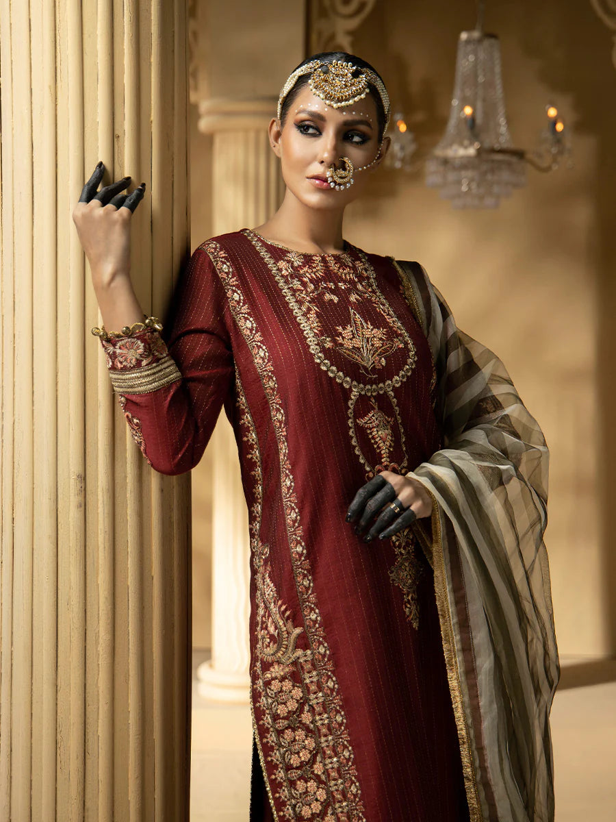 Salitex by Nora Unstitched 3 Piece Embroidered Suit - Maroon - Luxury  Collection